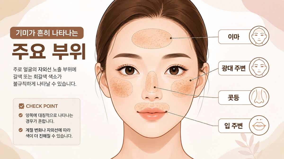 기미가 얼굴의 광대와 이마, 콧등 주변에 나타나는 대표적인 위치를 보여주는 인포그래픽