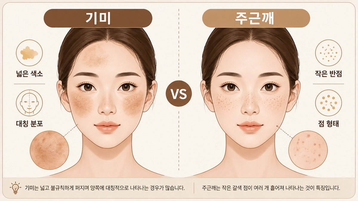기미와 주근깨의 색소 분포와 모양 차이를 비교한 인포그래픽