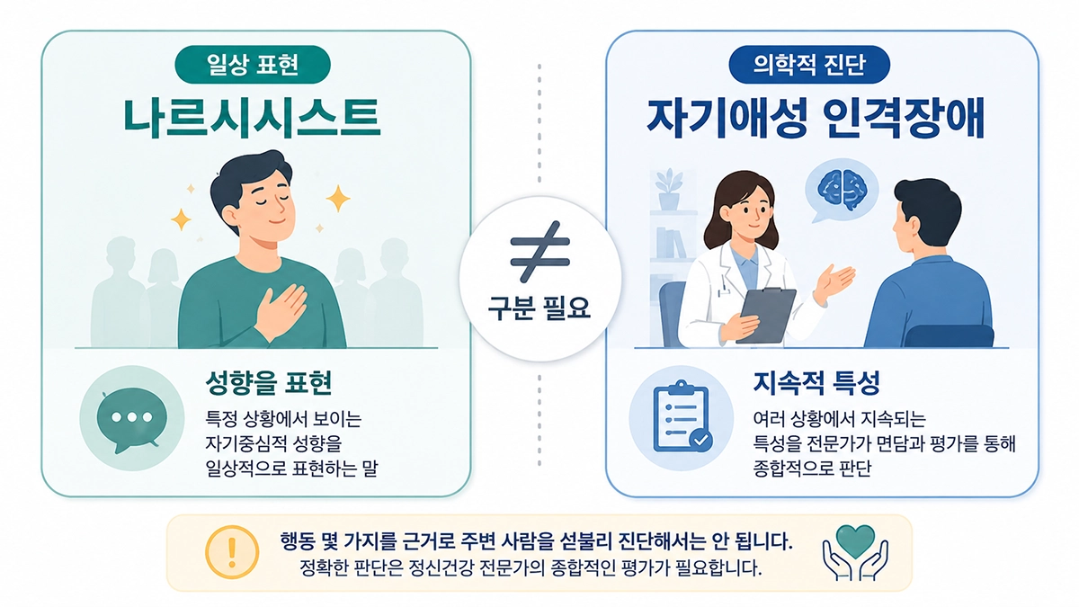 나르시시스트라는 일상 표현과 자기애성 인격장애의 의학적 진단 차이를 설명하는 이미지