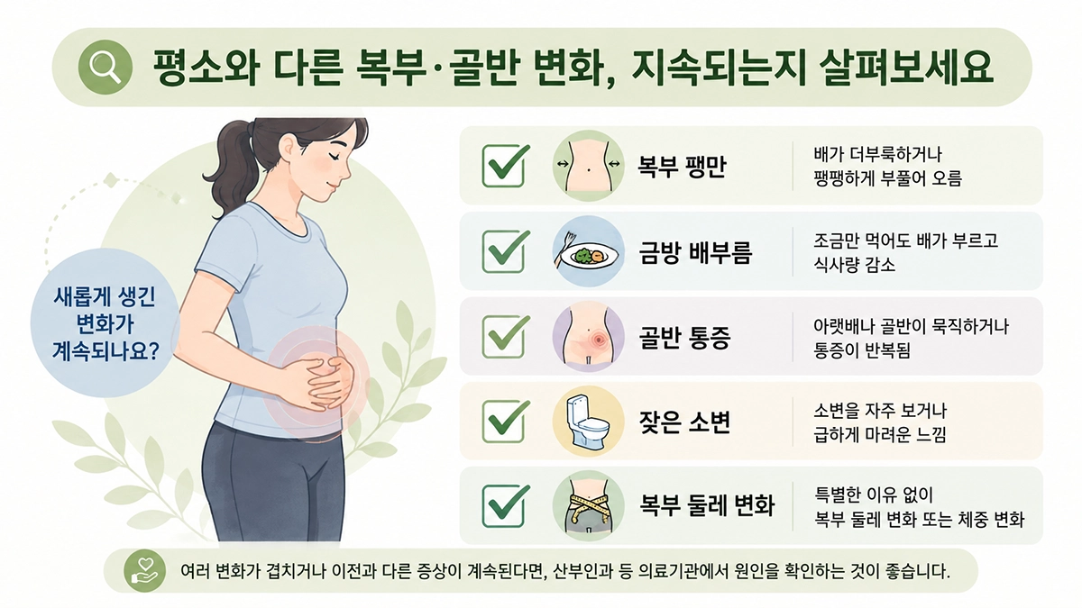 난소암 초기증상과 관련해 반복되는 복부 팽만, 조기 포만감, 골반 통증 등을 살펴보는 체크 인포그래픽