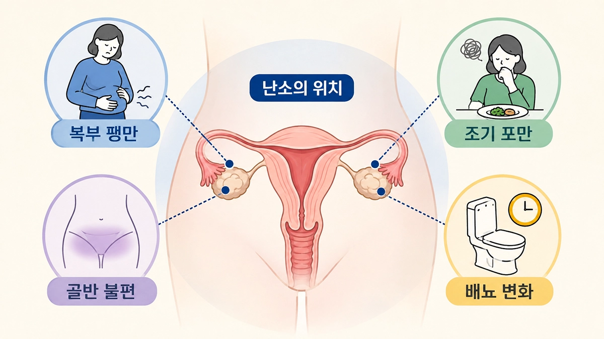 난소암 초기증상으로 나타날 수 있는 복부 팽만과 골반 불편감, 조기 포만감을 보여주는 인포그래픽