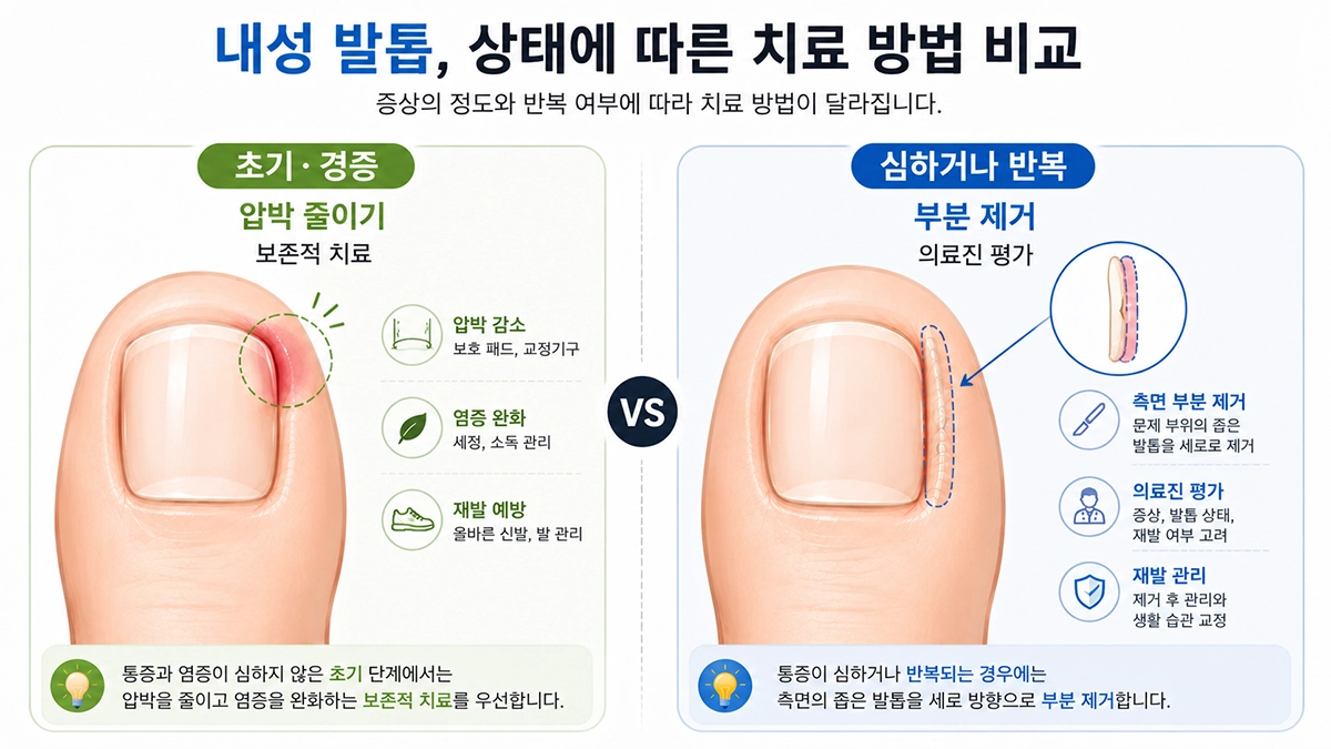 내성 발톱 오른쪽 위 측면의 압박을 줄이는 보존적 치료와 측면 부분 발톱 제거 방향 비교