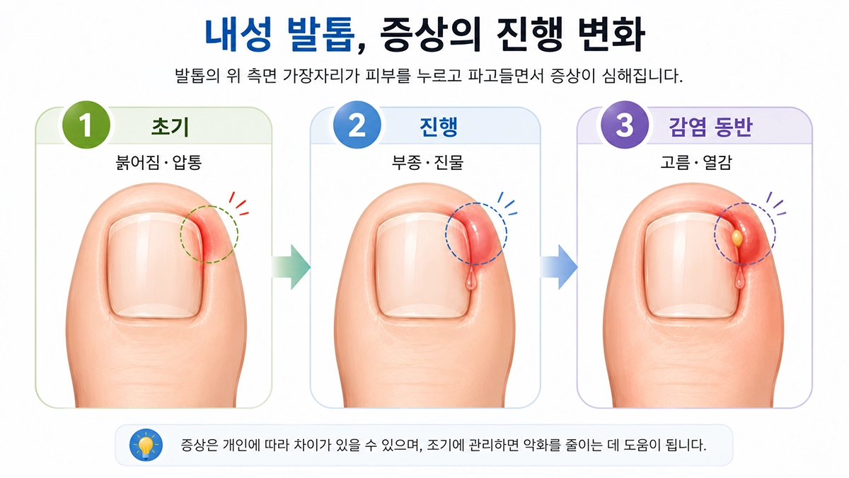 내성 발톱 오른쪽 위 가장자리에서 붉어짐과 압통, 부종, 진물과 감염 동반 변화를 나타낸 단계별 그림