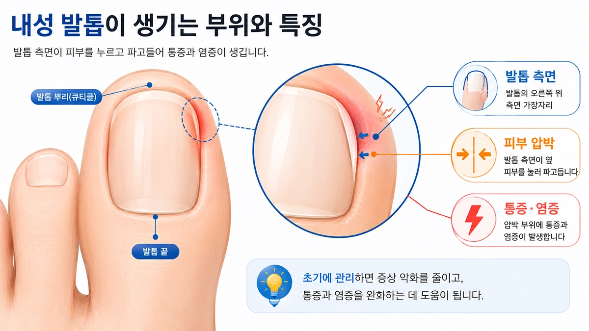 내성 발톱에서 엄지발톱 오른쪽 위 가장자리가 옆 피부를 압박해 통증과 염증이 생기는 모습