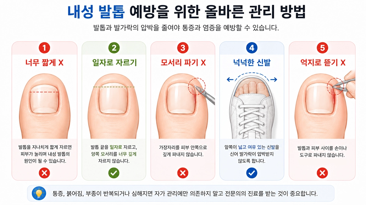 내성 발톱 관리를 위한 일자 발톱 자르기와 오른쪽 위 측면 가장자리를 깊게 파지 않는 방법