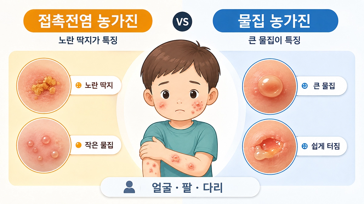농가진에서 나타날 수 있는 노란 딱지와 물집 형태를 비교한 의료 인포그래픽