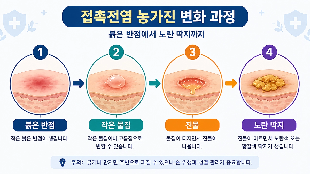 농가진 증상이 붉은 반점에서 물집과 진물을 거쳐 노란 딱지로 변하는 과정