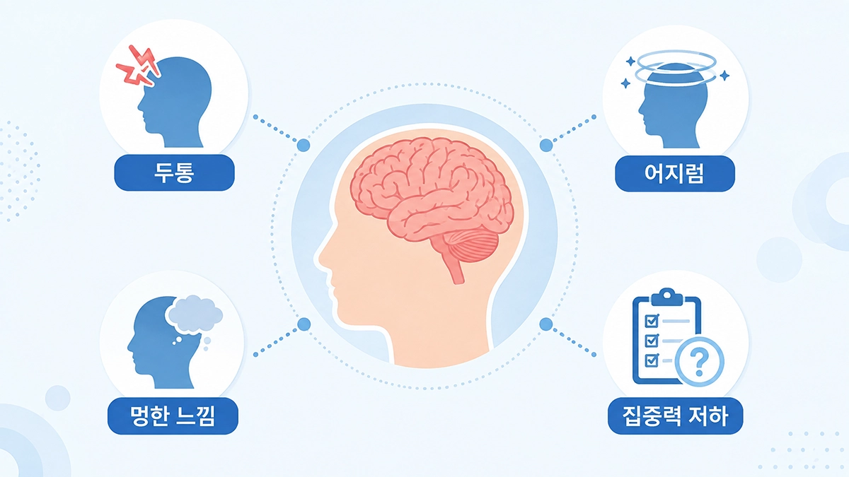 뇌진탕 증상으로 나타날 수 있는 두통, 어지럼, 멍한 느낌과 집중력 저하 인포그래픽