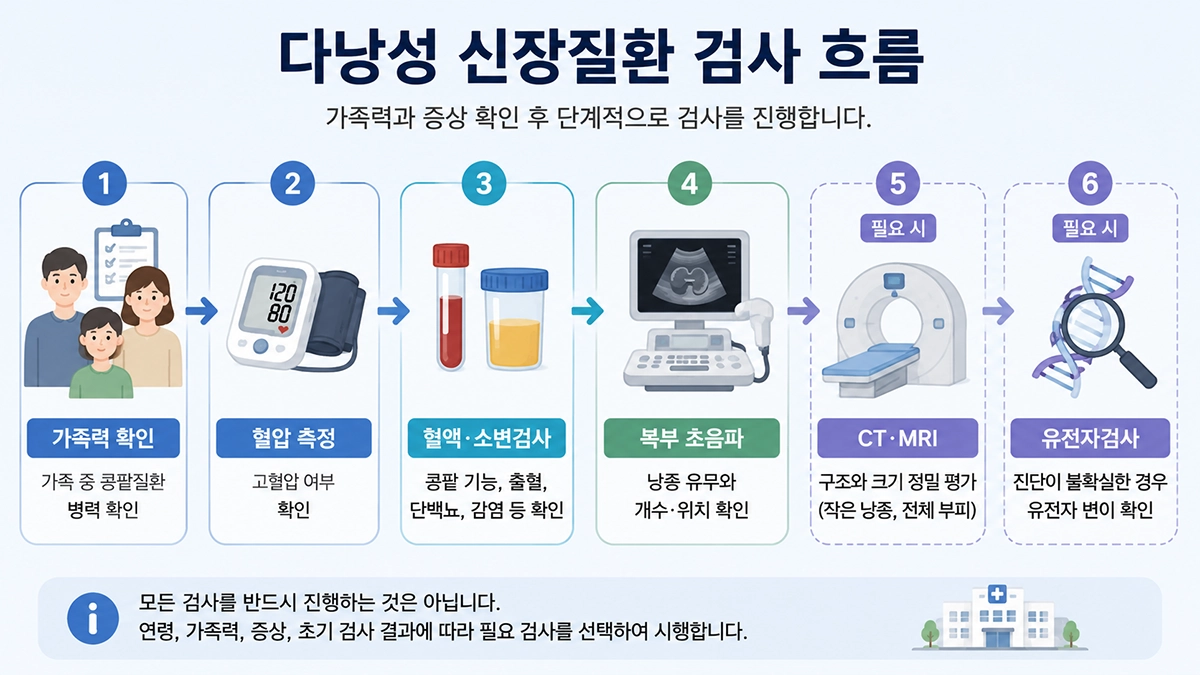 다낭성 신장질환의 가족력 확인부터 초음파와 유전자검사까지의 검사 과정