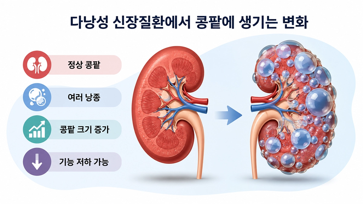 다낭성 신장질환에서 정상 콩팥과 여러 낭종이 생긴 콩팥의 차이를 보여주는 인포그래픽