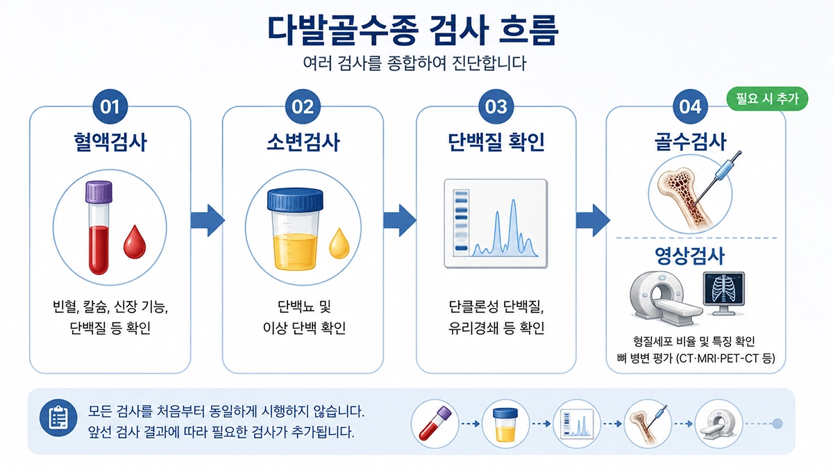 다발골수종 진단에서 시행할 수 있는 혈액검사, 소변검사, 골수검사와 영상검사 과정