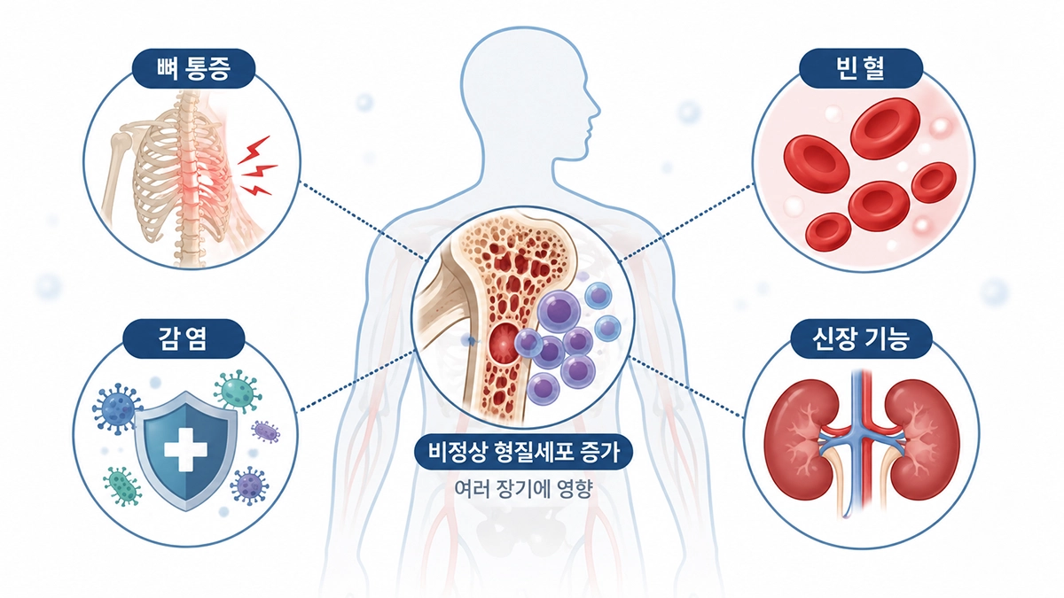 다발골수종에서 나타날 수 있는 뼈 통증, 빈혈, 감염, 신장 기능 이상을 보여주는 인포그래픽