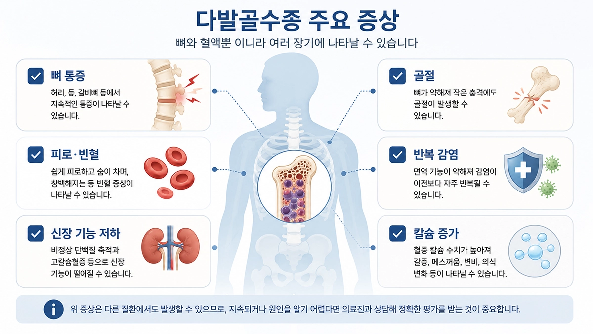 다발골수종 증상인 뼈 통증, 빈혈, 감염, 신장 기능 저하를 정리한 인포그래픽