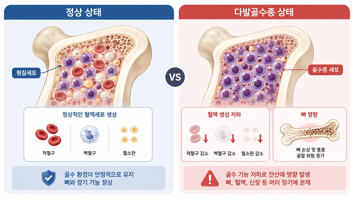 다발골수종에서 정상 형질세포와 골수종 세포 증가 상태를 비교한 인포그래픽