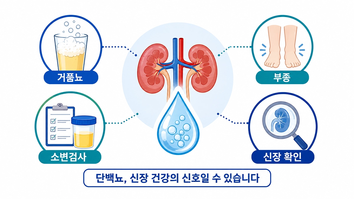 단백뇨와 거품뇨, 부종 및 소변검사 관계를 설명하는 인포그래픽