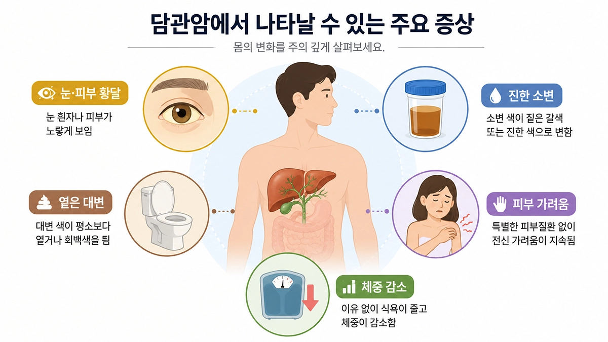 담관암에서 나타날 수 있는 황달과 진한 소변, 옅은 대변, 가려움, 체중 감소 증상