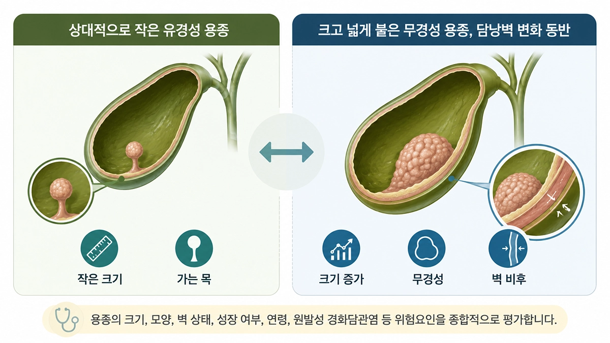 담낭 용종의 크기와 무경성 형태, 담낭벽 비후를 비교한 인포그래픽