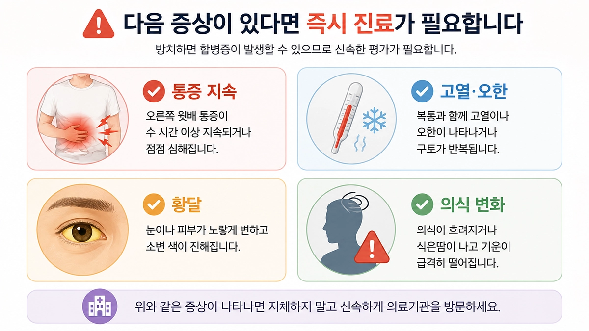 담낭염에서 신속한 병원 진료가 필요한 지속 통증과 고열·황달 증상 체크리스트
