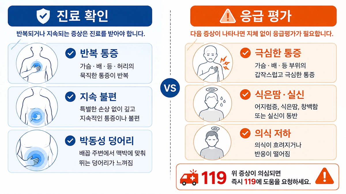 대동맥류 증상 중 일반 진료와 즉시 응급평가가 필요한 상황 비교
