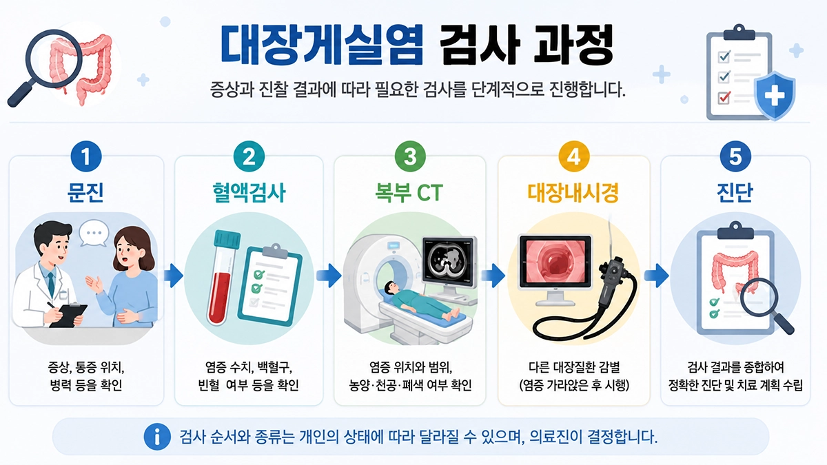 대장게실염 진단 과정과 검사 순서를 설명하는 인포그래픽