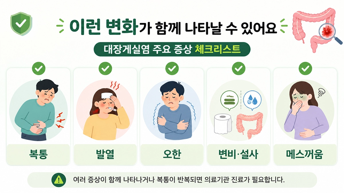 대장게실염 주요 증상을 확인하는 체크리스트 인포그래픽