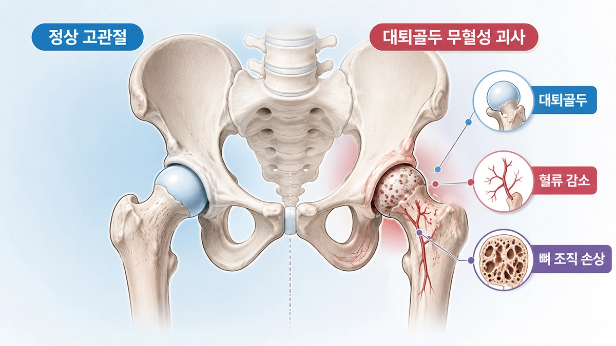 대퇴골두 무혈성 괴사에서 대퇴골두 혈류 감소와 뼈 조직 손상을 설명하는 고관절 인포그래픽