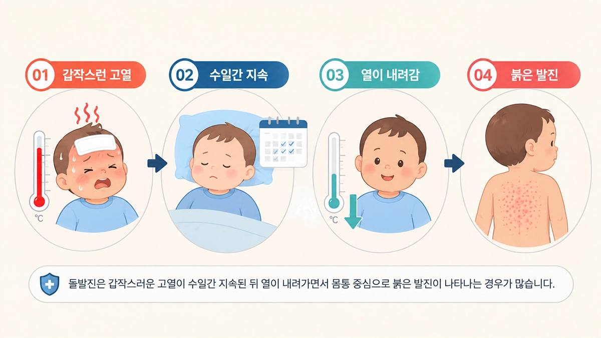 돌발진에서 갑작스러운 고열 후 열이 내려가며 붉은 발진이 나타나는 진행 과정