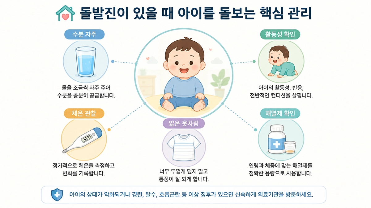 돌발진이 있는 아이의 수분 공급과 체온 관찰 등 생활관리 방법
