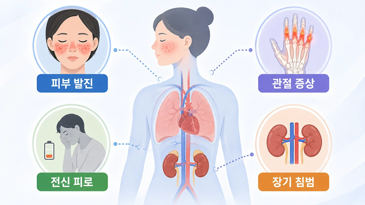 루푸스에서 나타날 수 있는 피부 발진과 관절 증상 및 장기 침범을 보여주는 인포그래픽