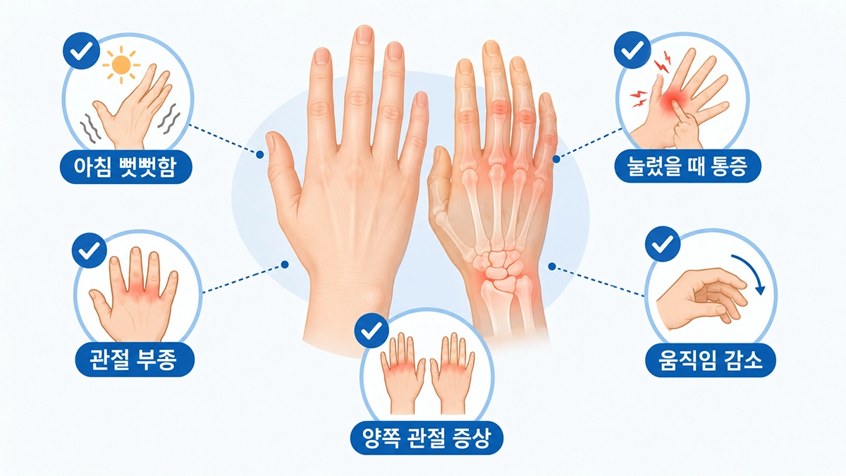 류마티스 관절염에서 나타날 수 있는 손가락과 손목의 뻣뻣함, 부종, 통증 특징