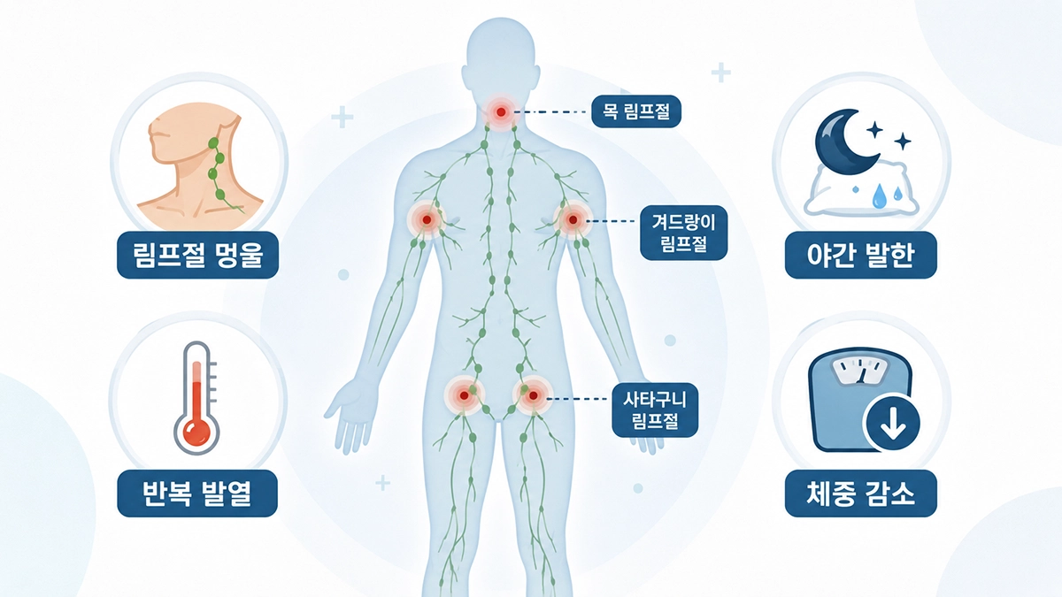 림프종 증상으로 나타날 수 있는 림프절 멍울과 발열, 야간 발한, 체중 감소를 설명한 인포그래픽