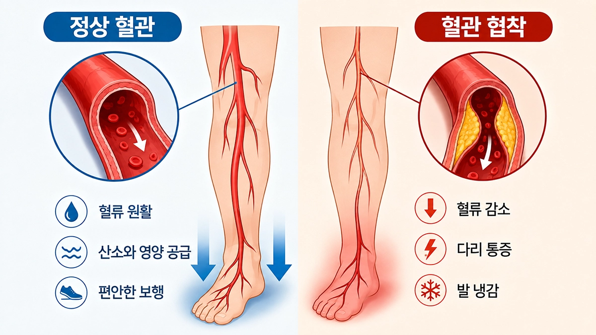 말초동맥질환으로 다리 동맥이 좁아지고 혈류가 감소하는 과정을 보여주는 인포그래픽