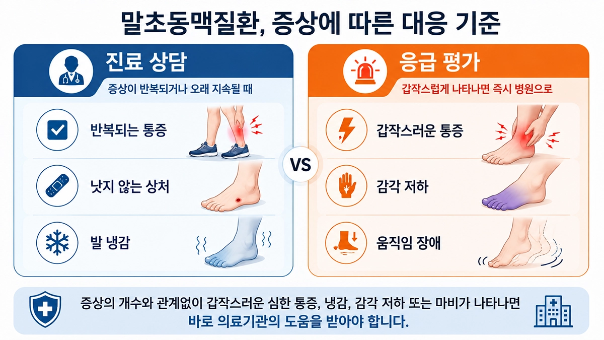 말초동맥질환에서 진료 상담이 필요한 증상과 응급 평가가 필요한 증상을 비교한 인포그래픽