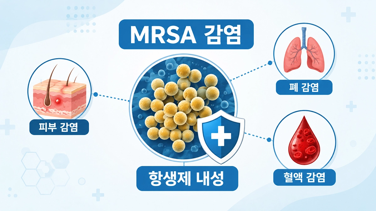 메티실린 내성 황색포도알균 감염과 피부·폐·혈액 감염 부위를 설명하는 MRSA 인포그래픽