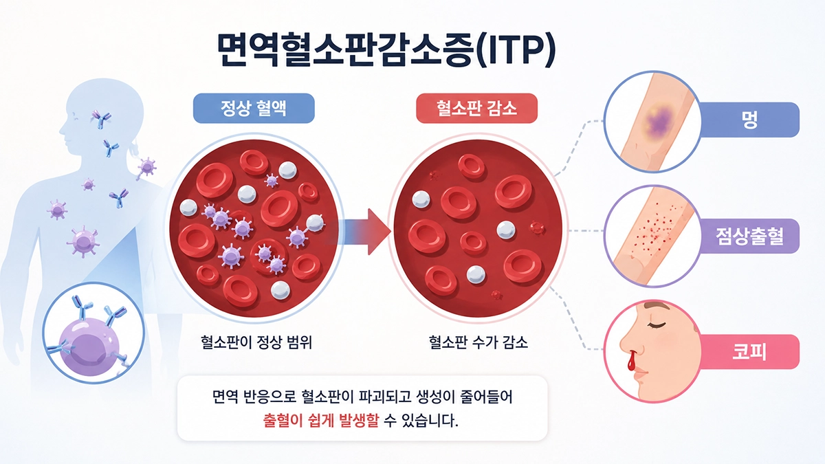 면역혈소판감소증에서 혈소판 감소와 멍, 점상출혈, 코피가 나타나는 특징을 설명한 인포그래픽