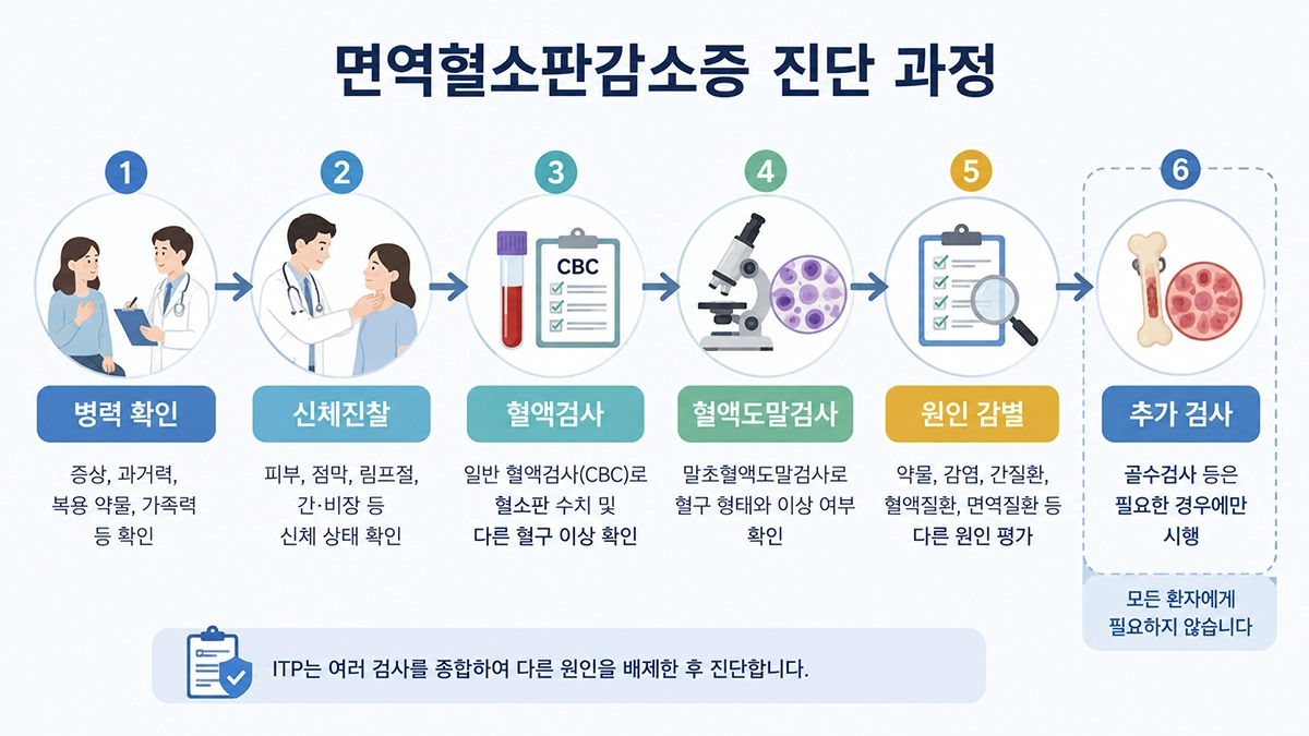 면역혈소판감소증 진단에서 병력 확인, 혈액검사, 말초혈액도말검사와 다른 원인 감별 과정을 나타낸 인포그래픽