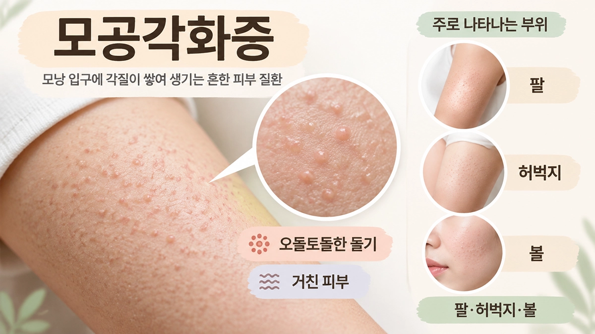 모공각화증으로 팔과 허벅지에 나타나는 오돌토돌한 피부 돌기의 특징을 설명한 인포그래픽