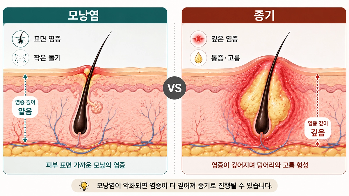 종기와 모낭염의 염증 깊이와 피부 변화를 비교한 인포그래픽