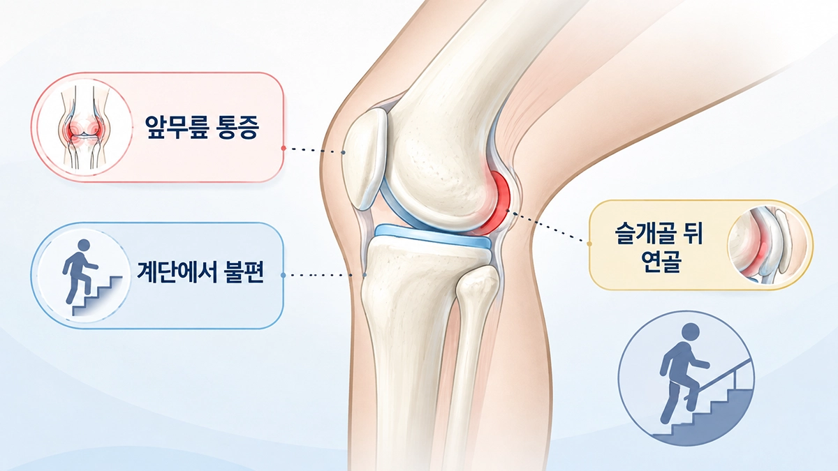 무릎연골연화증에서 통증이 나타날 수 있는 슬개골 뒤쪽과 앞무릎 위치를 보여주는 그림