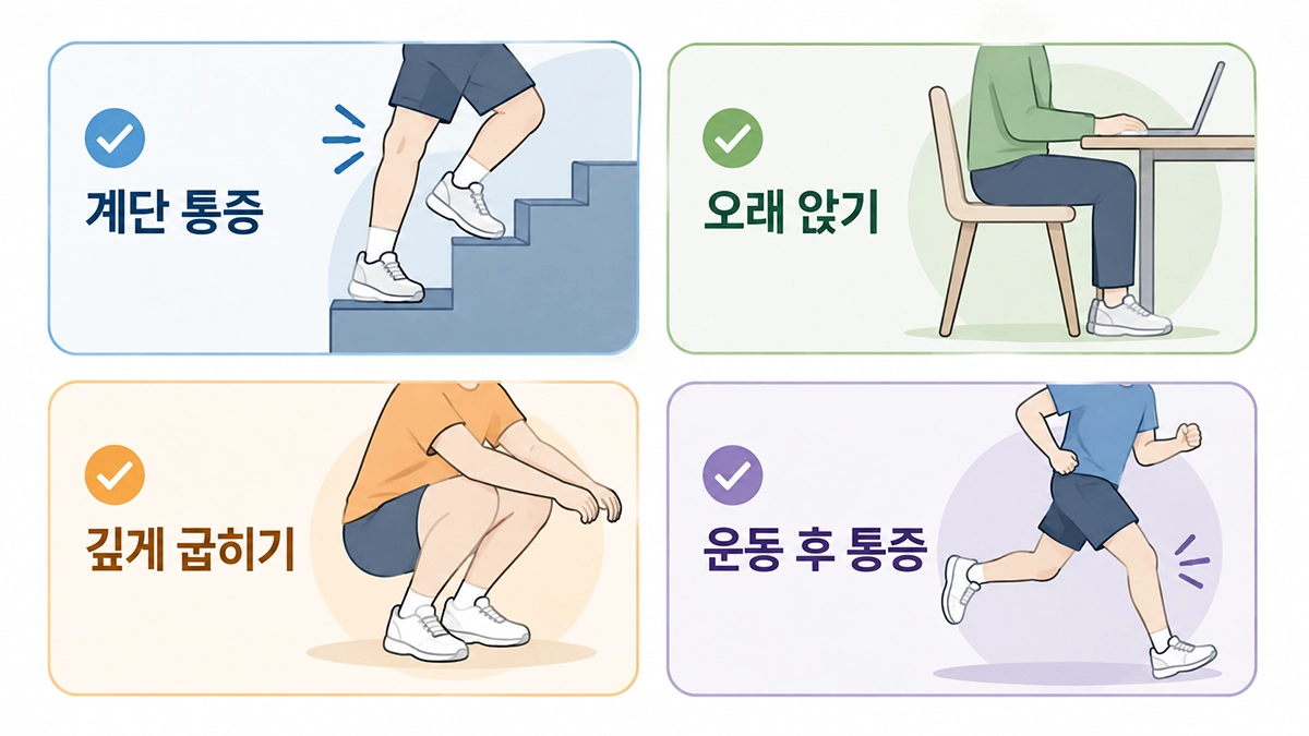 무릎연골연화증 증상이 나타날 수 있는 계단, 오래 앉기, 무릎 굽히기와 운동 상황