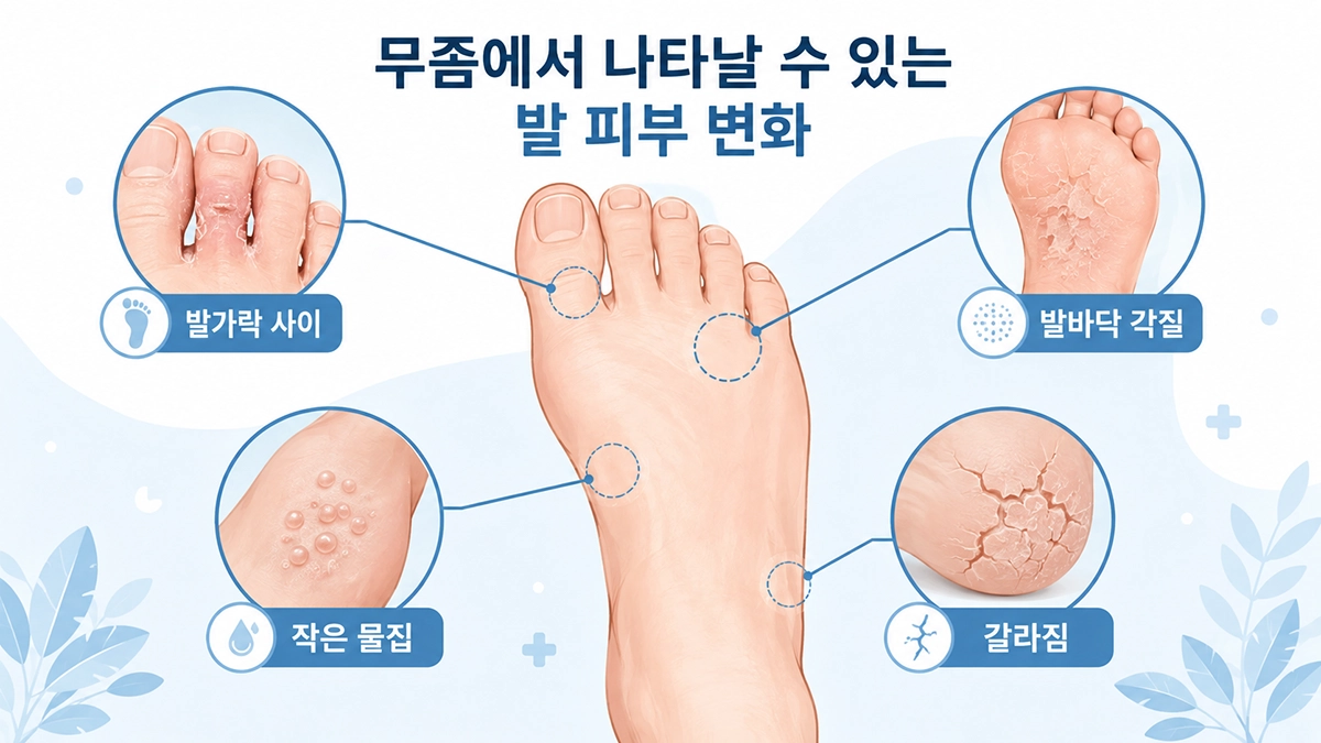무좀 증상이 나타날 수 있는 발가락 사이와 발바닥 부위를 보여주는 인포그래픽