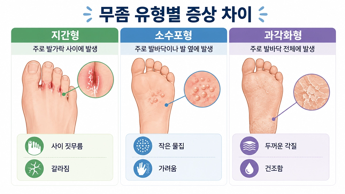 무좀의 지간형 소수포형 과각화형 증상 차이를 비교한 인포그래픽