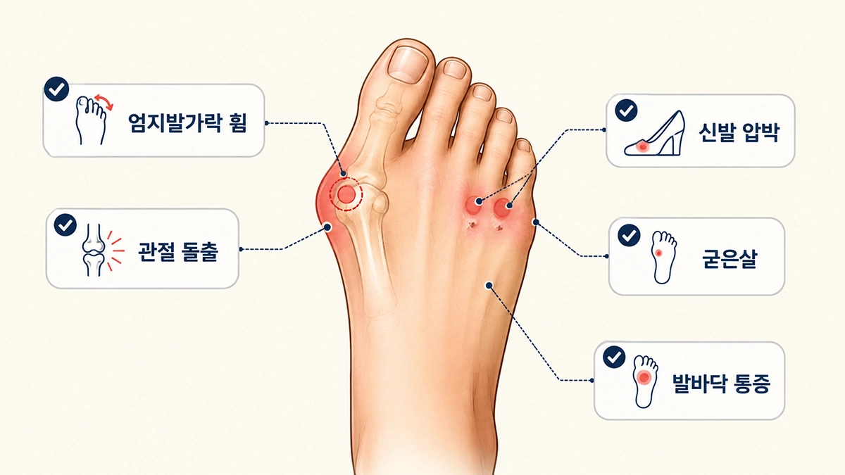무지외반증에서 나타날 수 있는 엄지발가락 변형과 돌출 부위 통증, 굳은살을 정리한 이미지