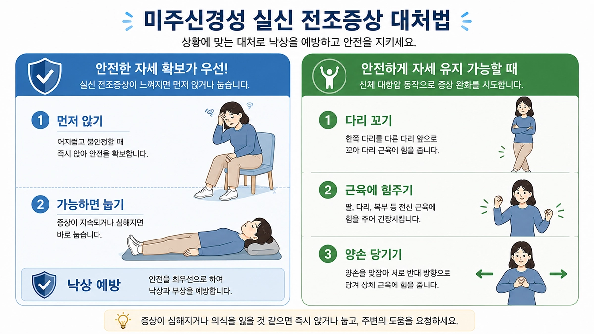 미주신경성 실신 전조증상이 있을 때 눕거나 앉는 대처와 신체 대항압 동작을 비교한 인포그래픽