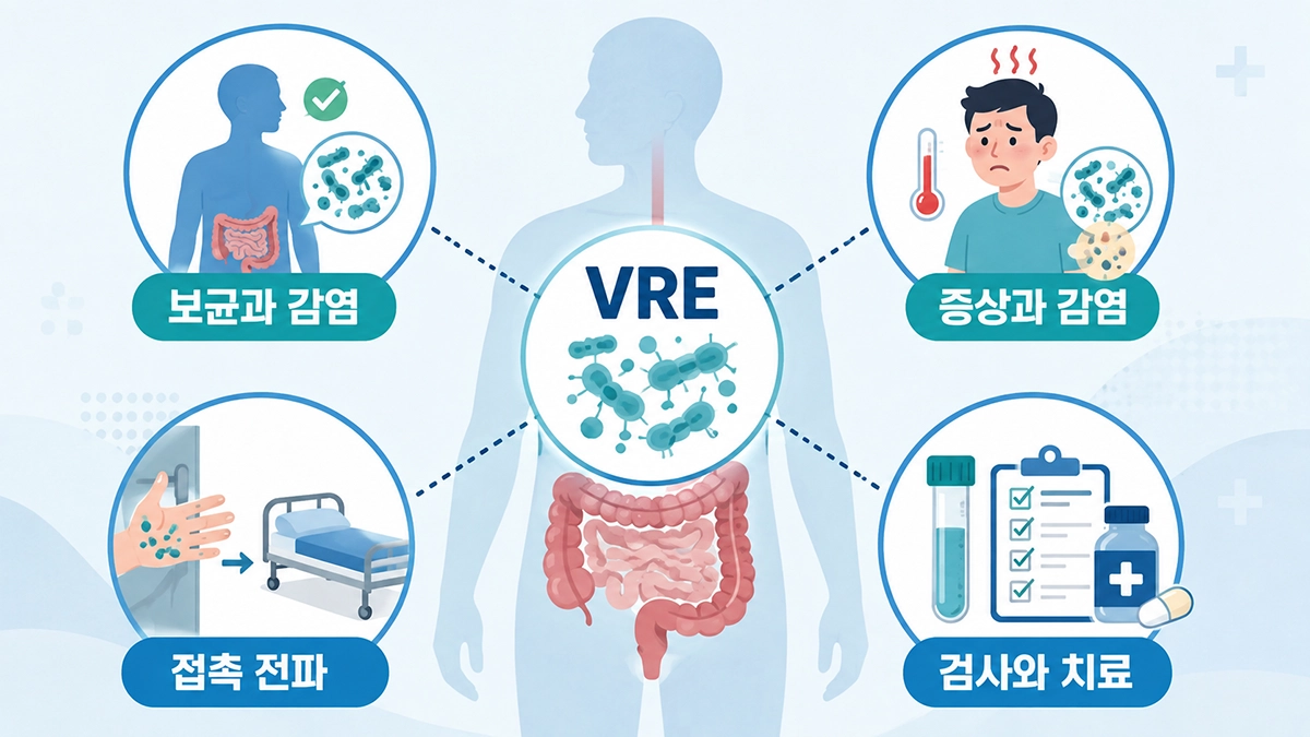 반코마이신 내성 장알균 감염의 VRE 보균과 감염, 전파를 보여주는 인포그래픽