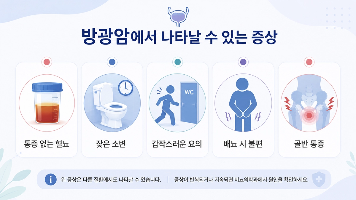 방광암 초기증상으로 나타날 수 있는 혈뇨 빈뇨 절박뇨와 배뇨 불편을 정리한 이미지