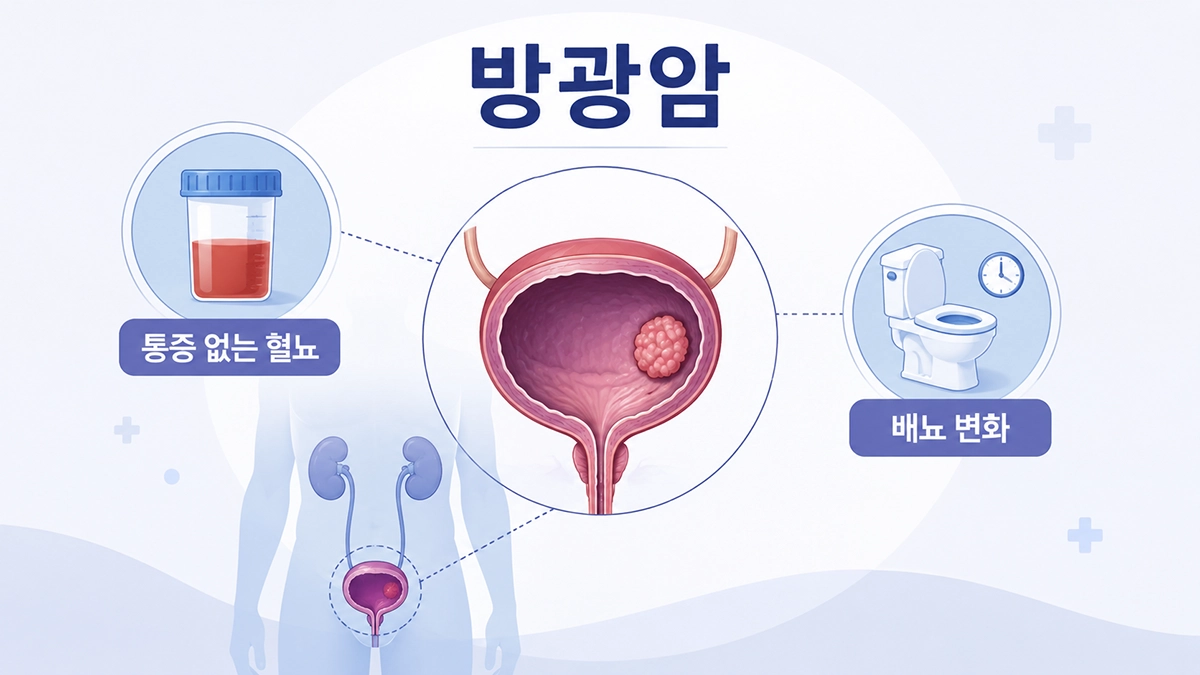 방광암 초기증상인 통증 없는 혈뇨와 배뇨 변화를 설명하는 방광 인포그래픽