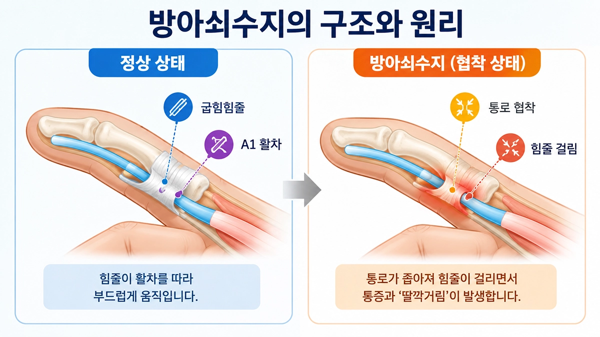 방아쇠수지에서 손가락 굽힘힘줄과 A1 활차가 좁아져 걸림이 생기는 구조
