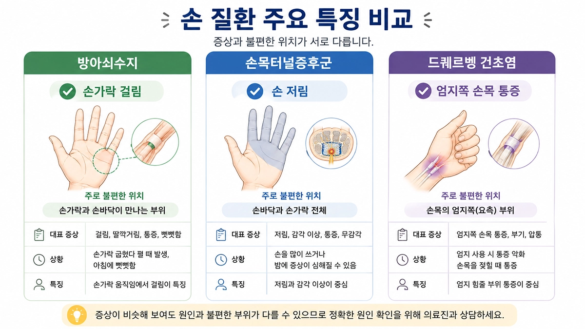 방아쇠수지와 손목터널증후군 드퀘르벵 건초염의 주요 증상과 통증 위치 비교