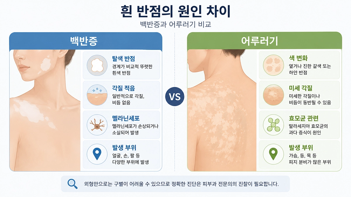 백반증과 어루러기의 피부 반점과 각질, 원인 차이를 비교한 인포그래픽
